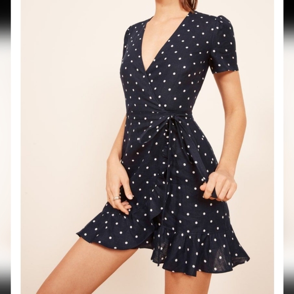 Reformation Dresses & Skirts - Reformation Sally Navy Blue polka dot mini wrap dress